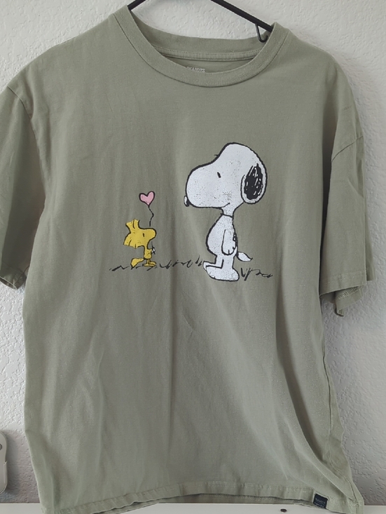 Peanuts Tops - Juniors Snoopy & Woodstock Graphic Tee - Olive Green